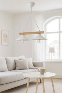 Şapkalı Ahşap Sıralı Salon Avizesi 2'li Beyaz